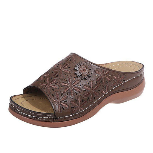 Women's retro hollow floral slope heel slippers, view 4 - MRSLM