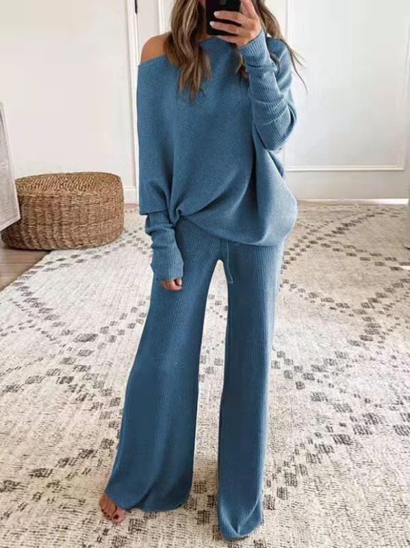 Women's Casual Solid Color One Shoulder Ladies Knit Suit - MRSLM