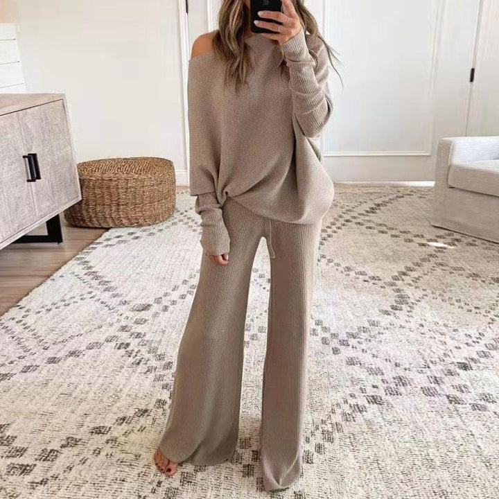 Women's Casual Solid Color One Shoulder Ladies Knit Suit - MRSLM