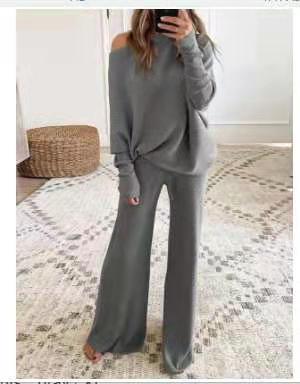 Women's Casual Solid Color One Shoulder Ladies Knit Suit - MRSLM