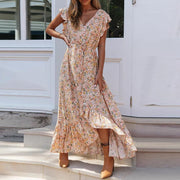 printed v-neck lace up dress, view 3 - MRSLM