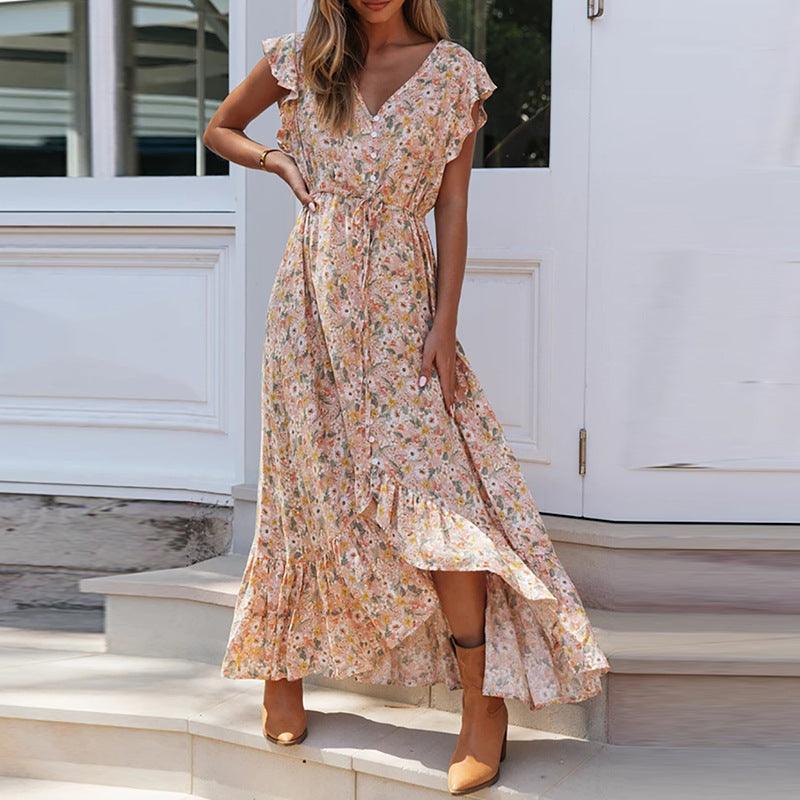 printed v-neck lace up dress, view 3 - MRSLM