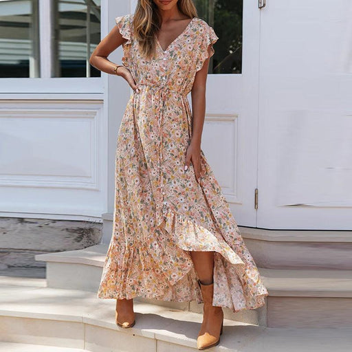 printed v-neck lace up dress, view 3 - MRSLM