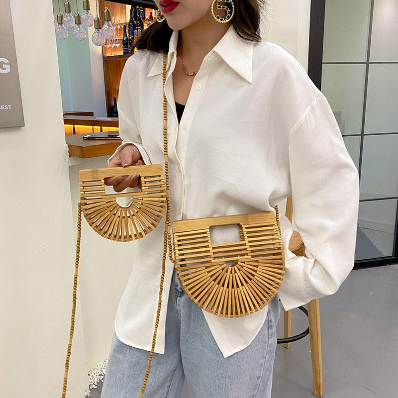 hollow woven bamboo round bag, view 2 - MRSLM