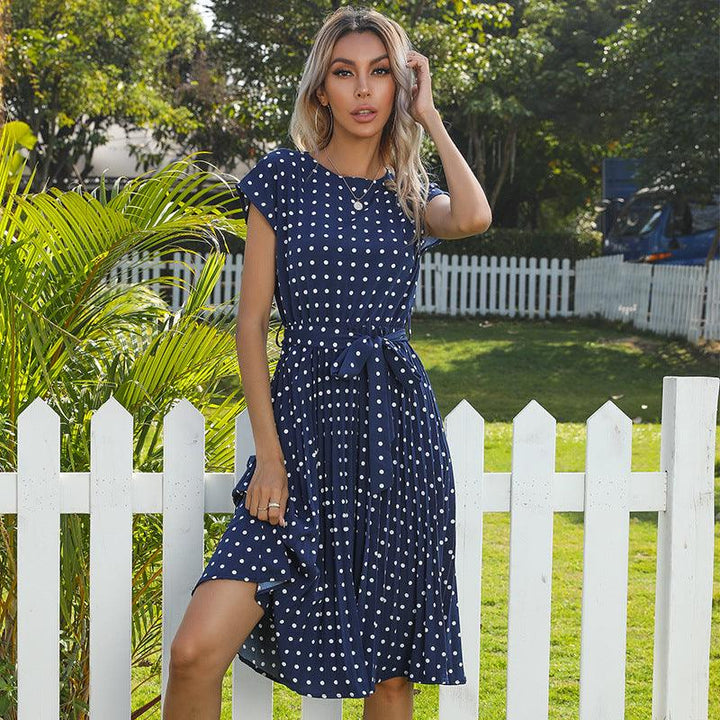 Mid Length Polka Dot Round Neck Short Sleeve Lace Up Dress For Women - MRSLM