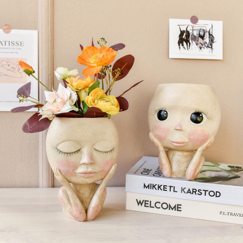 Face Head Design Sculpture Flower Planter Garden Indoor Plant Pot Art Flowerpot - MRSLM