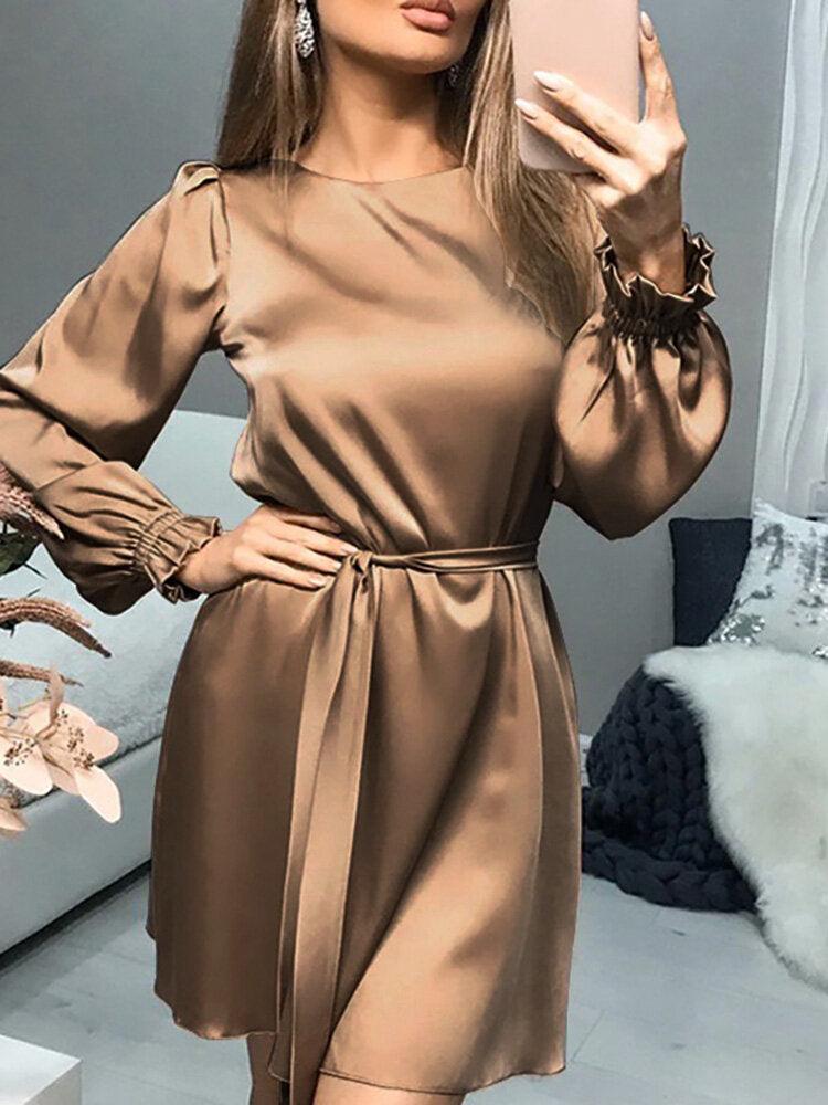 Women Satin Solid Puff Sleeve Knee Length Midi Dresses - MRSLM