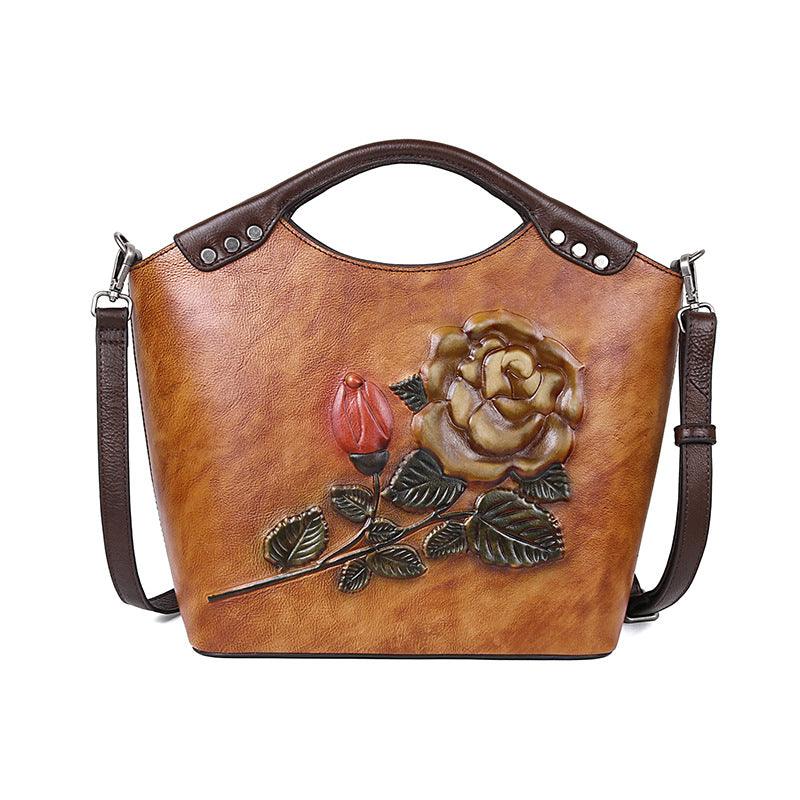 New Three-dimensional Embossed Rose Flower Head Layer Cowhide Handbags - MRSLM