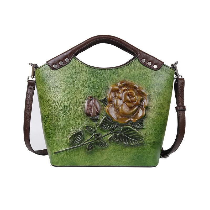 New Three-dimensional Embossed Rose Flower Head Layer Cowhide Handbags - MRSLM