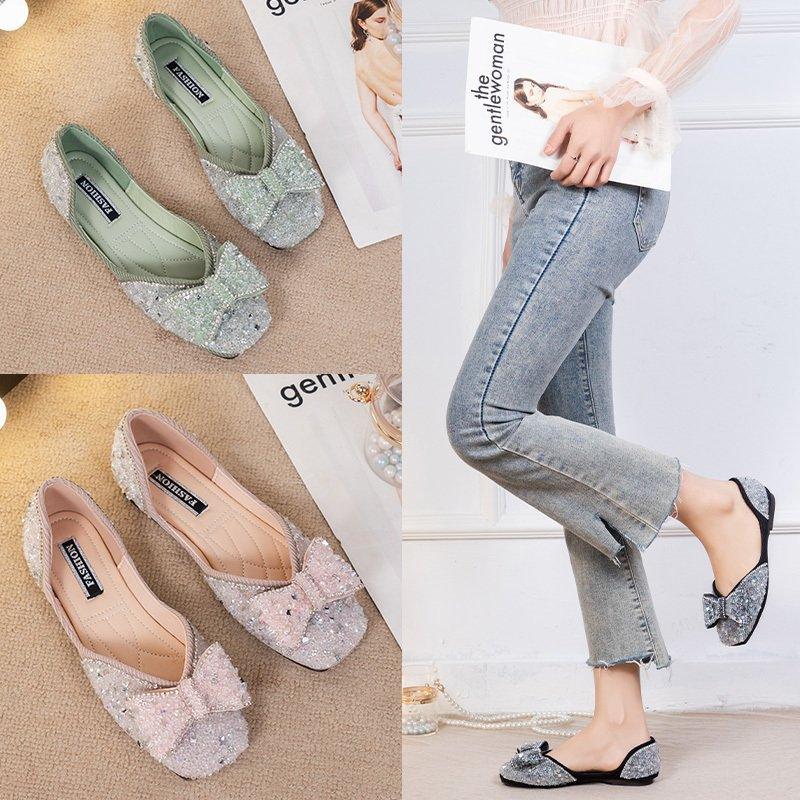 women's square toe rhinestone bow flats - MRSLM