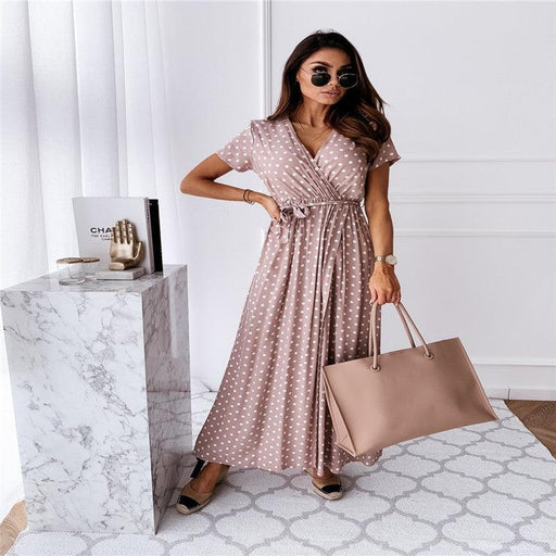 v-neck bohemian polka dot long dress, view 4 - MRSLM