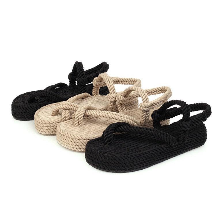 Flat bottom fisherman straw braided toe women's shoes - MRSLM