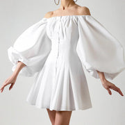 Puff sleeve one-shoulder slim dress, view 3 - MRSLM