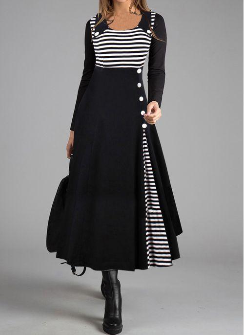 Striped doll collar large hem dress - MRSLM