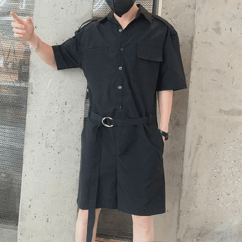 Fashion Men Romper Jumpsuit with Belt Half Sleeve Streetwear - MRSLM