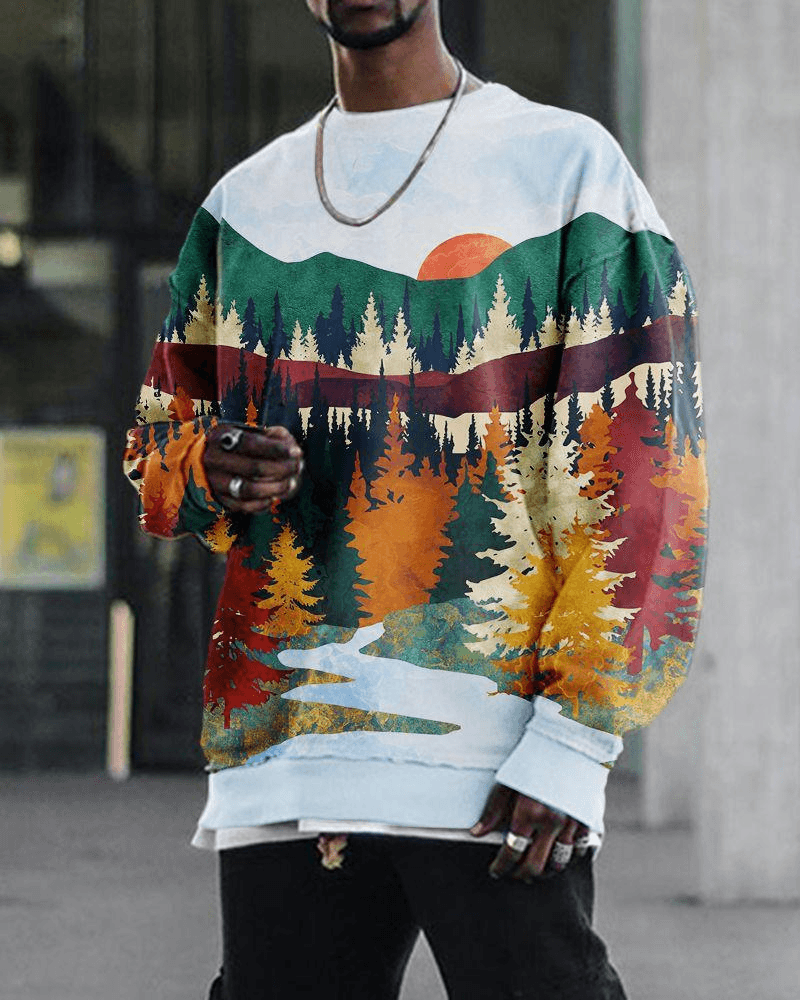 Digital Printing Loose Casual round Neck Long Sleeve Sweater - MRSLM