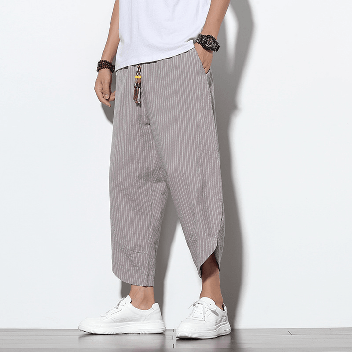 Chinese Style Cotton and Linen Pants Striped plus Size Loose Harem Bloomers Men - MRSLM