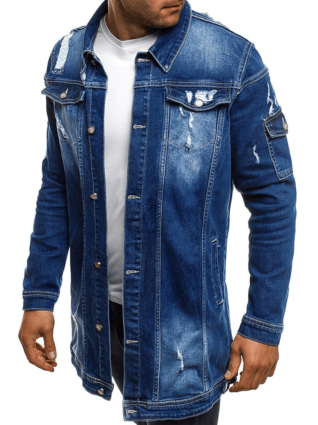 Fashion Men'S Mid-Length Ripped Denim Jacket - MRSLM