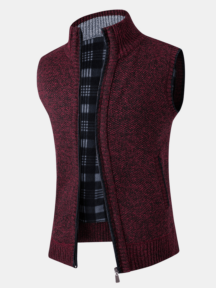 Mens Knitting Solid Color Warm Lined Zipper Side Pocket Sleeveless Vests - MRSLM