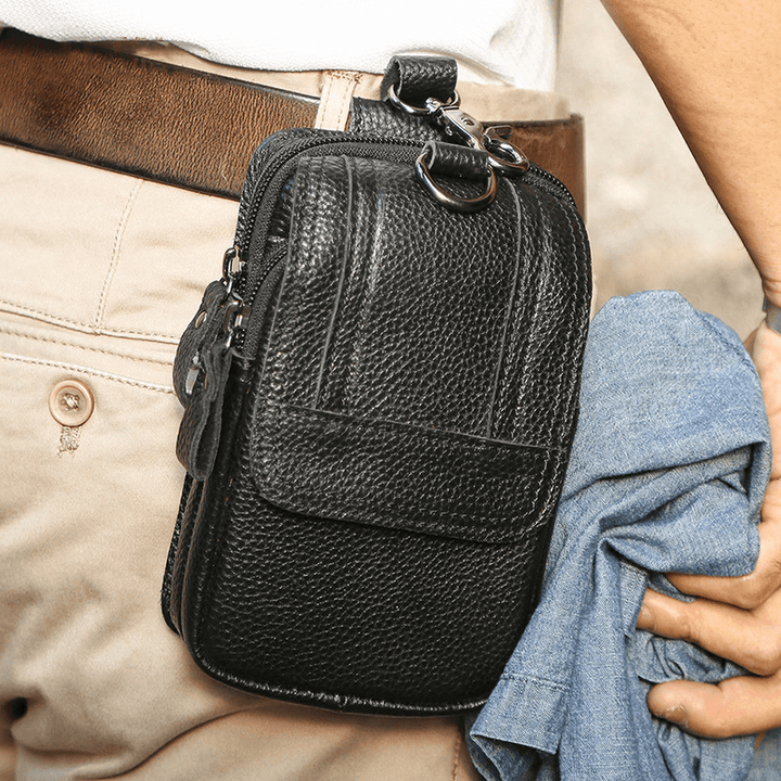 Men Multifunctional Large Capacity 6.3 Inch Phone Bag Genuine Leather Waist Bag Wear-Resistant Belt Bag with Hook - MRSLM