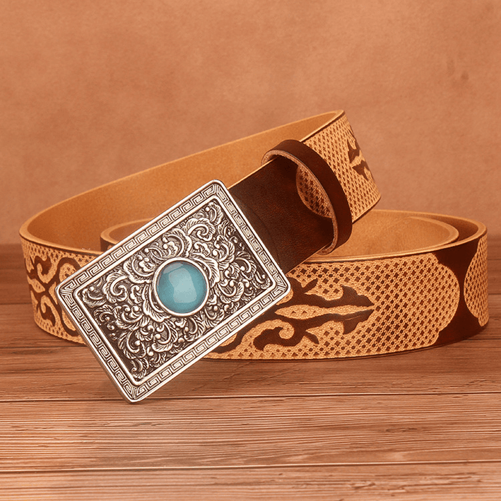 Ethnic Style Carved Leather Belt Head Layer Cowhide Personality Smooth Buckle - MRSLM