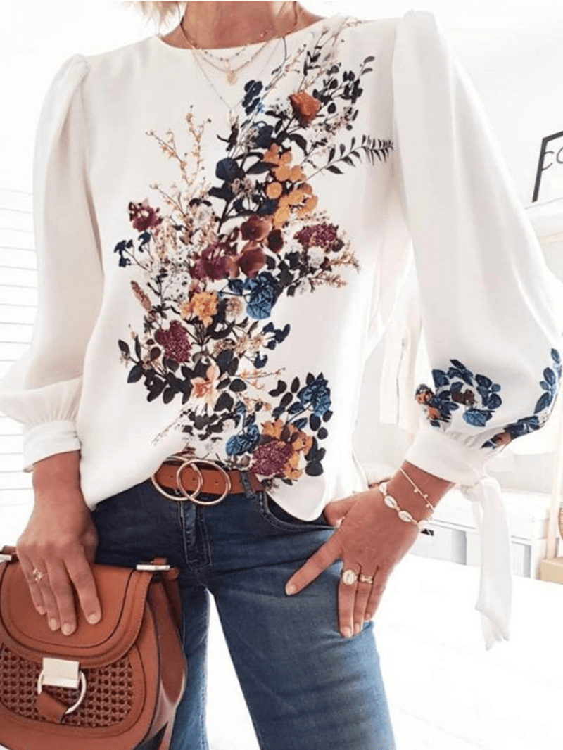 Women Plant Floral Print Long Sleeve White Design Blouses - MRSLM