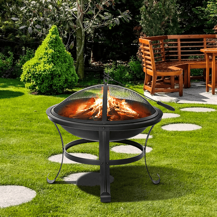 22 Inch Patio Steel Fire Pit Outdoor Camping Picnic Garden BBQ Grill Patio Burner Heater Cooking Stove with Spark Screen Cover - MRSLM