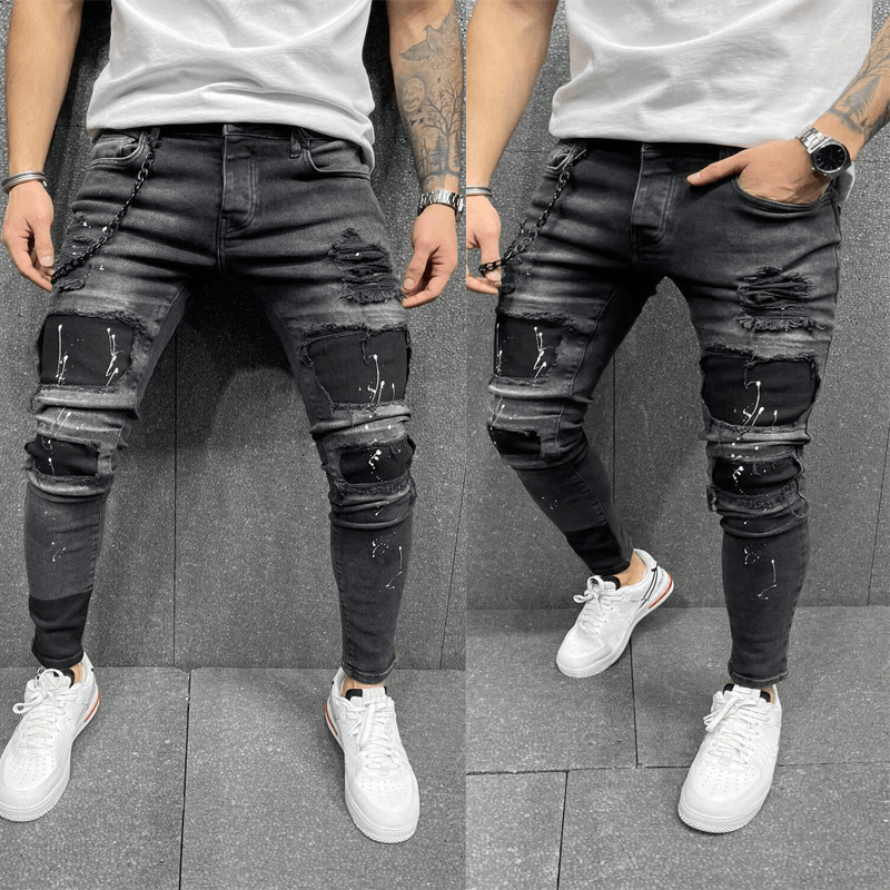 Men'S New Patch Ripped Elastic Skinny Jeans - MRSLM