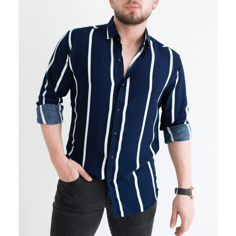 Men'S Printed Striped Lapel Business Casual Shirt - MRSLM