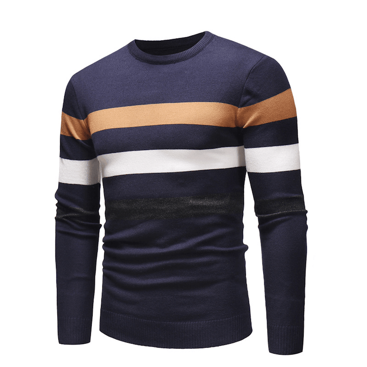 New round Neck Sweater Men'S Striped Color Blocking Slim Fit Sweater - MRSLM