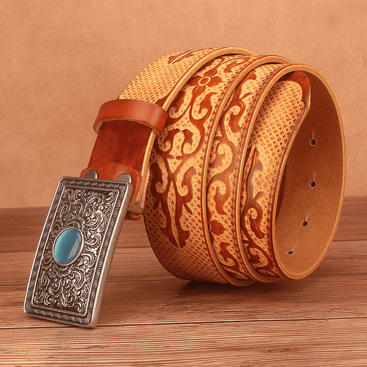 Ethnic Style Carved Leather Belt Head Layer Cowhide Personality Smooth Buckle - MRSLM