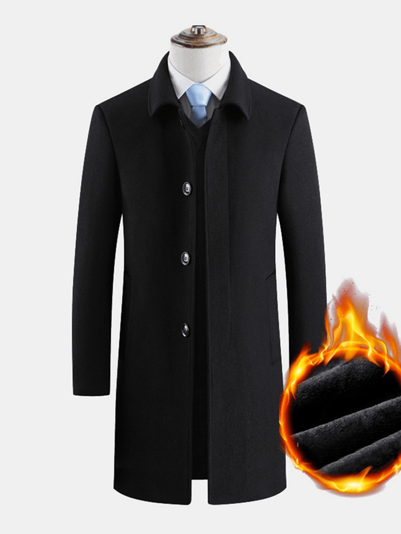 Mens Solid Color Thick Warm Single-Breasted Business Woolen Cloth Trench Coats - MRSLM