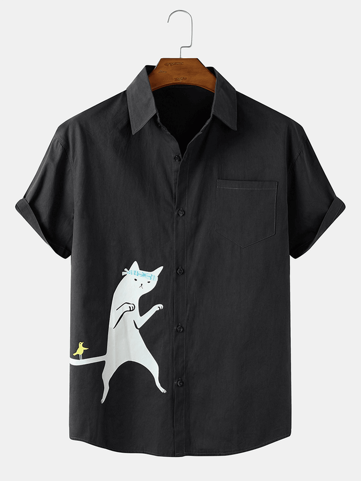 Cotton Mens Funny Cartoon Cat Print Short Sleeve Shirts - MRSLM