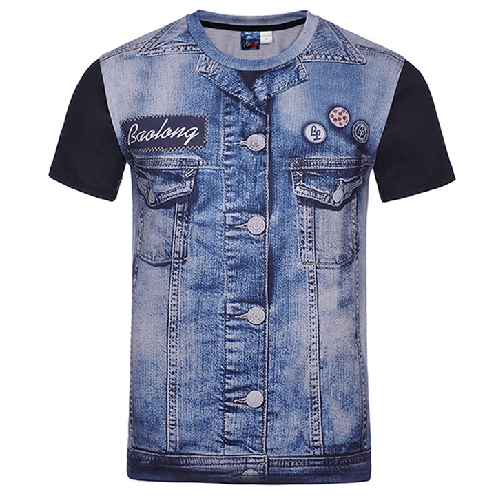 Mens Fashion Creative 3D Denim Jacket Printed T-Shirts Casual O-Neck Short Sleeve Tops Tees - MRSLM