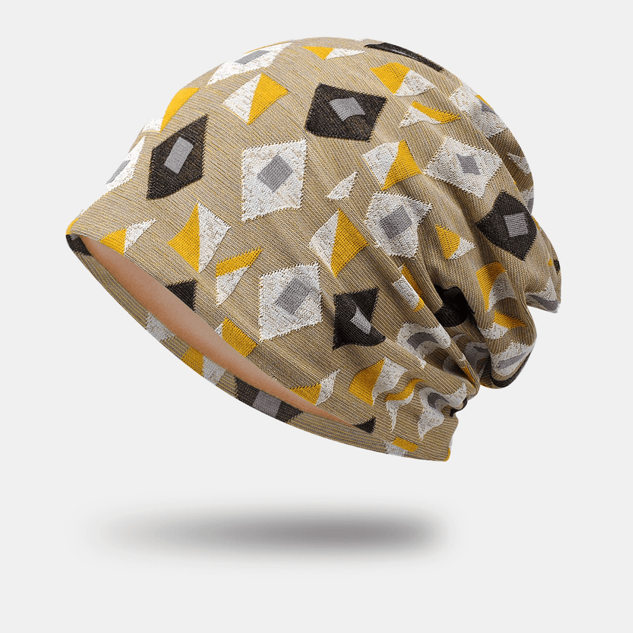 Women Polyester Cotton Geometric Pattern Jacquard plus Velvet Warmth Capped Beanie Hat Baotou Hat - MRSLM