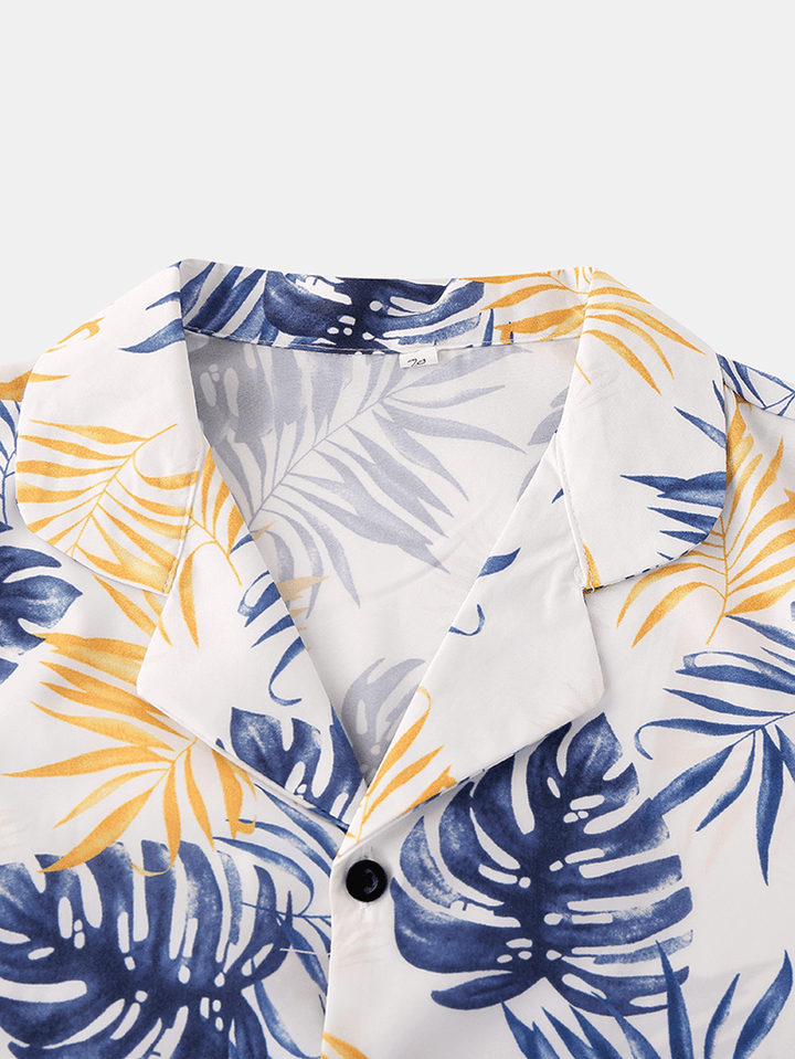 Men Tropical Plant Leaves Print Turn down Collar Pajama Set Faux Silk Home Sleepwear - MRSLM