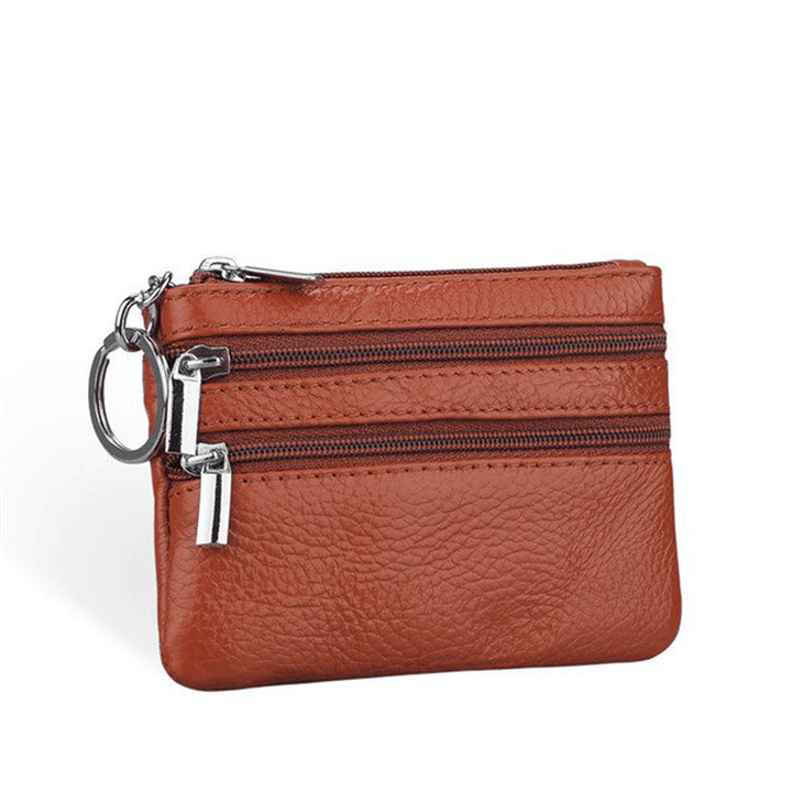 Women Genuine Leather Double Zipper Card Holder Clutch Wallet Candy Color Coin Bags - MRSLM