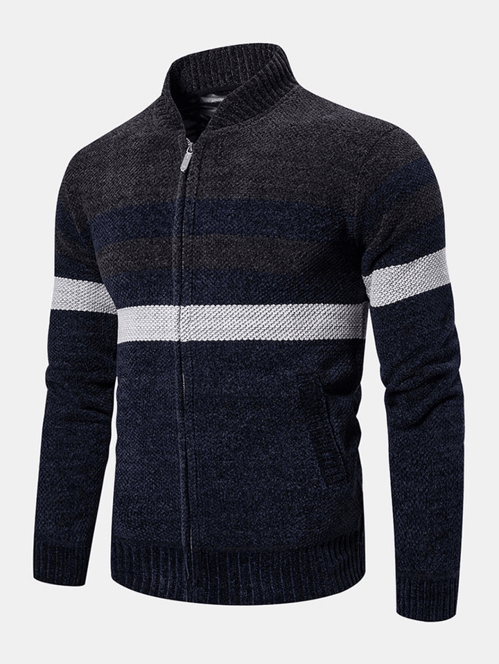 Mens Colorblock Striped Slant Pocket Baseball Collar Long Sleeve Sweater Hoodie Jacket - MRSLM