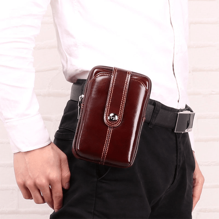 Men Genuine Leather Retro Large Capacity Waist Bag 6.5 Inch Phone Bag Belt Bag - MRSLM