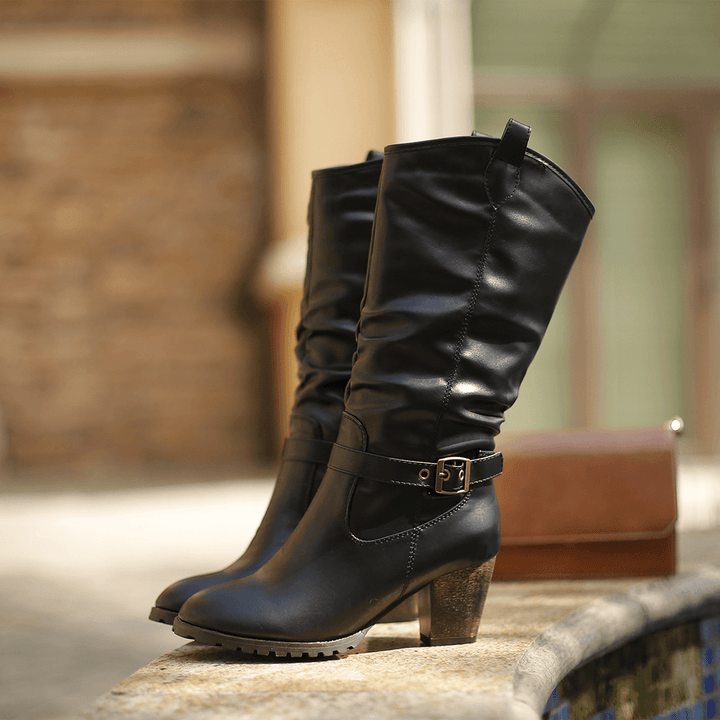 Women Large Size Buckle Belt Decor Mid Calf Chunky Heel Riding Boots - MRSLM