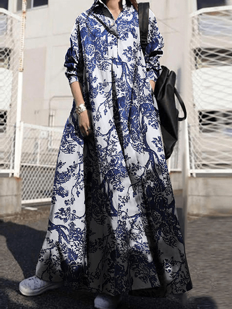 Women Retro Turn-Down Collar Long Sleeve Vintage Shirt Maxi Dress with Pocket - MRSLM