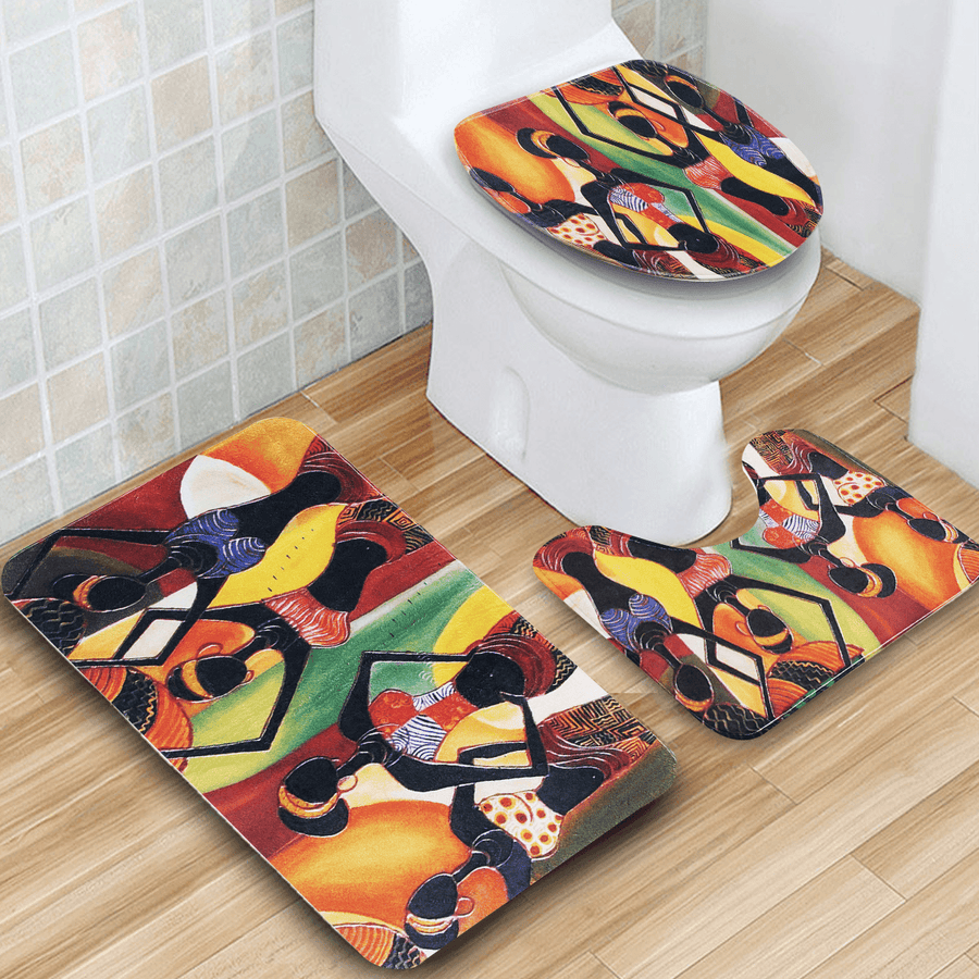 3PCS African Girls Non-Slip Bathroom Pedestal Rug Lid Toilet Cover Floor Mat Velvet Breathable Bath Mat Set - MRSLM