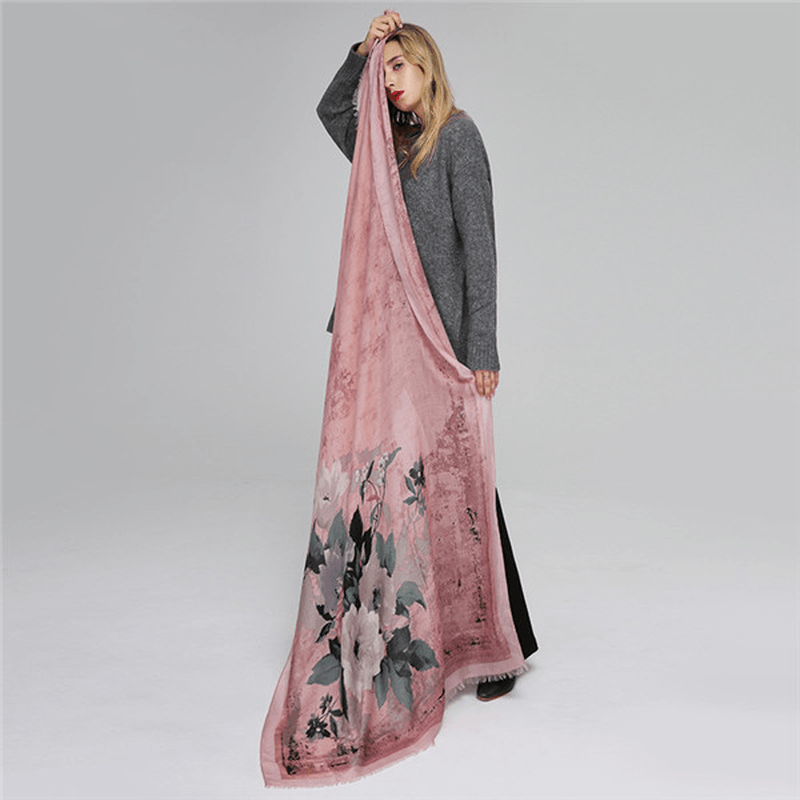 Women Satin Printing Scarves Breathable Vintage Cotton and Linen Lightweight Scarf - MRSLM
