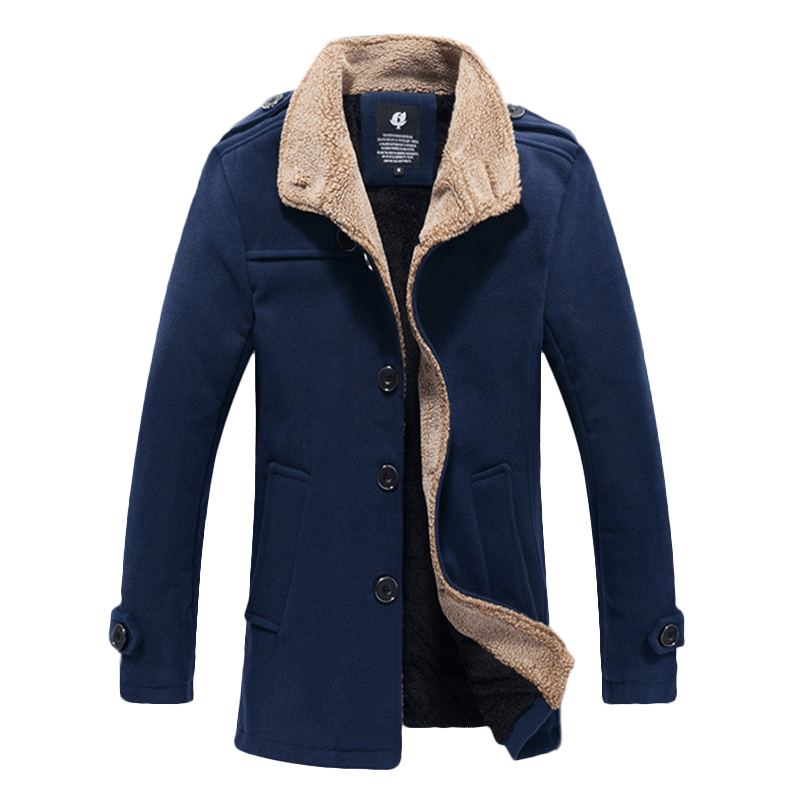 Mens Mid-Long Stand Collar Solid Color Epaulet Thick Fleece Single-Breasted Jacket Coats - MRSLM