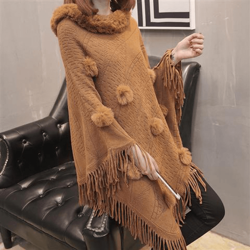 Loose Outer Wear Fur Collar Bat Shirt with Hand-Woven Tassels - MRSLM