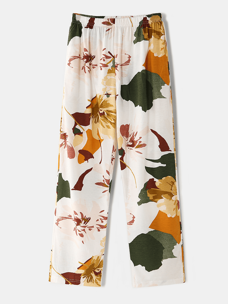 Women round Neck Side Split Hem Long Sleeve Tops Floral Print Elastic Waist Pocket Pajam Set - MRSLM