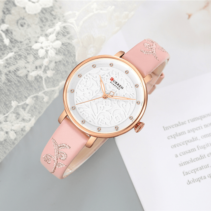 CURREN 9046 Crystal Leather Band Women Wrist Watch Elegant Design Quartz Watch - MRSLM