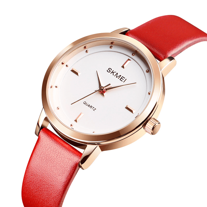 SKMEI 1457 Women Fashion Simple Dial Rose Gold Case Leather Strap Quartz Watch - MRSLM