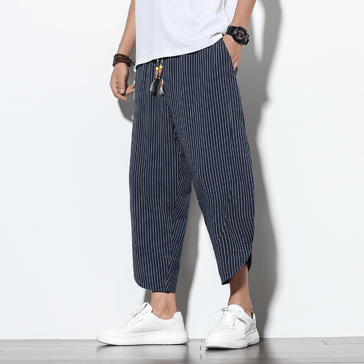 Chinese Style Cotton and Linen Pants Striped plus Size Loose Harem Bloomers Men - MRSLM