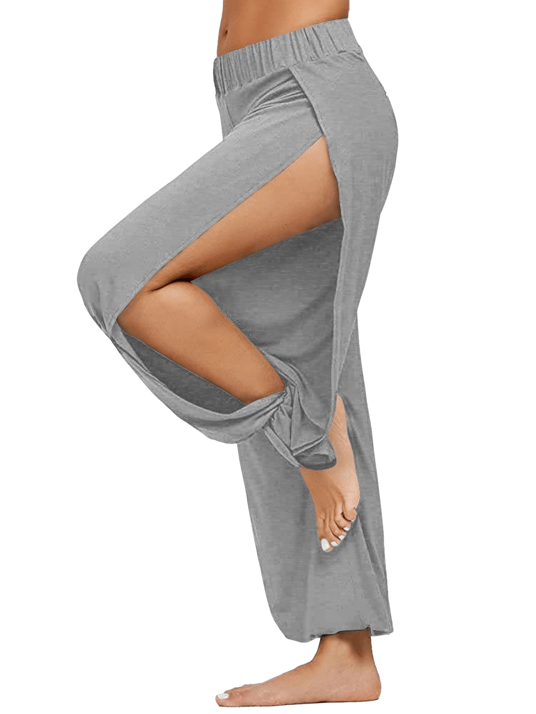 Women Side Split Elastic Waist Loose Solid Color Yoga Sports Casual Pants - MRSLM